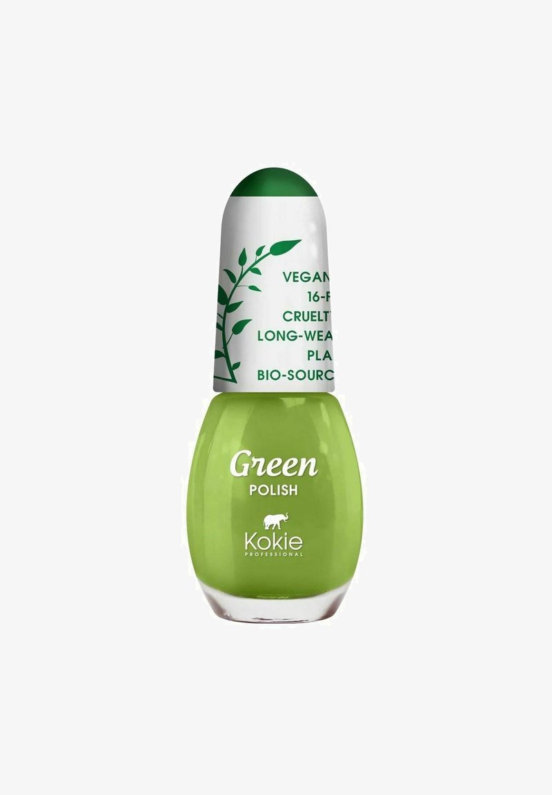 Grön nagellack i en rund glasflaska, vit kork med gröna detaljer, markerad som vegansk och cruelty-free, med botaniska designelement.
