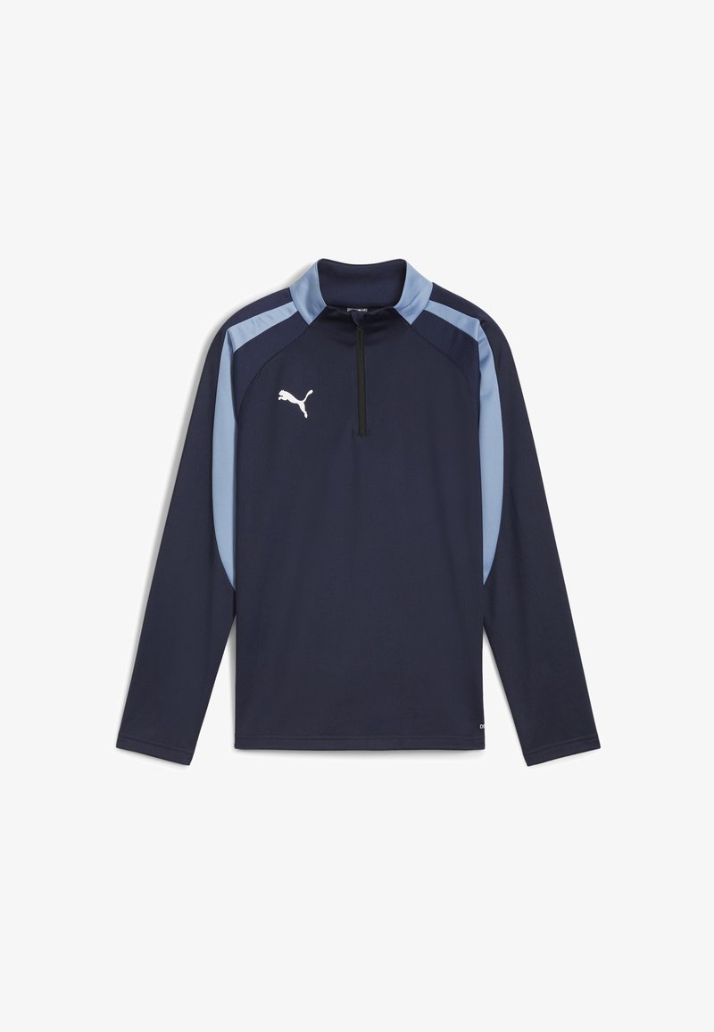 Tumesin pikkade varrukatega pullover, millel on lukuga vale-krae; õlgadel on helesinised aktsendid ja rinnal valge logo. Sile kainustekstuur.