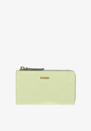 Green textured wallet with a diamond pattern, zip closure, and gold logo. Features a grey zipper pull. Smooth, soft synthetic material.