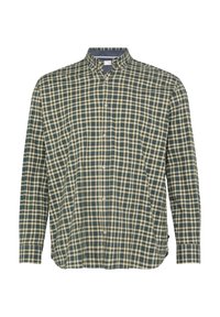 Blouse met knoopsluiting in een groen, marineblauw en crème geblokt patroon. Kraagontwerp, lange mouwen en een rechte zoom. De stof lijkt op katoen.