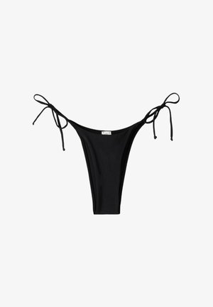 Zwarte bikini onderkant met minimale bedekking. Kenmerkt verstelbare strikjes aan beide kanten en een gladde, stretchy stof met een slank ontwerp.