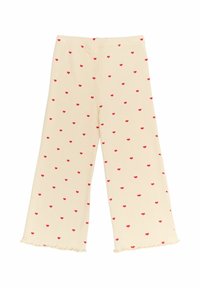 Heledad püksid heledas beežis, ribakinnitusega tekstuuriga, väikeste punaste südamekeste mustriga ja fringe alläärtega. Elastne vöökoht.