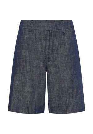 Blauwe denim korte broek tot op de knie met lussen voor een riem en een verborgen sluiting aan de voorkant.