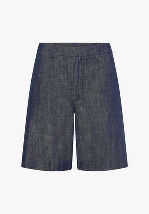 Blauwe denim korte broek tot op de knie met lussen voor een riem en een verborgen sluiting aan de voorkant.