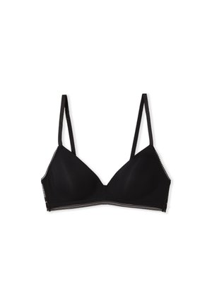 Reggiseno wireless nero leggermente imbottito con spalline sottili regolabili e finitura in tessuto liscio, disteso su uno sfondo bianco.