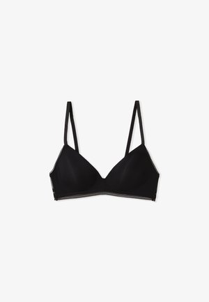 Reggiseno wireless nero leggermente imbottito con spalline sottili regolabili e finitura in tessuto liscio, disteso su uno sfondo bianco.