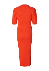 Jasnopomarańczowa, dopasowana sukienka midi z rękawami o długości łokcia w kształcie puff oraz okrągłym dekoltem, pokazana z tyłu na białym tle.