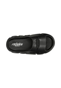 Black slide sandal made of rubber, featuring a textured footbed, open toe, drainage holes, and a logo on the strap.