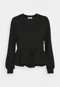 Svart långärmad topp med rund halsringning och peplum-design. Tillverkad av ett glansigt tyg med åtsittande ärmslut och en smockad design vid midjan.