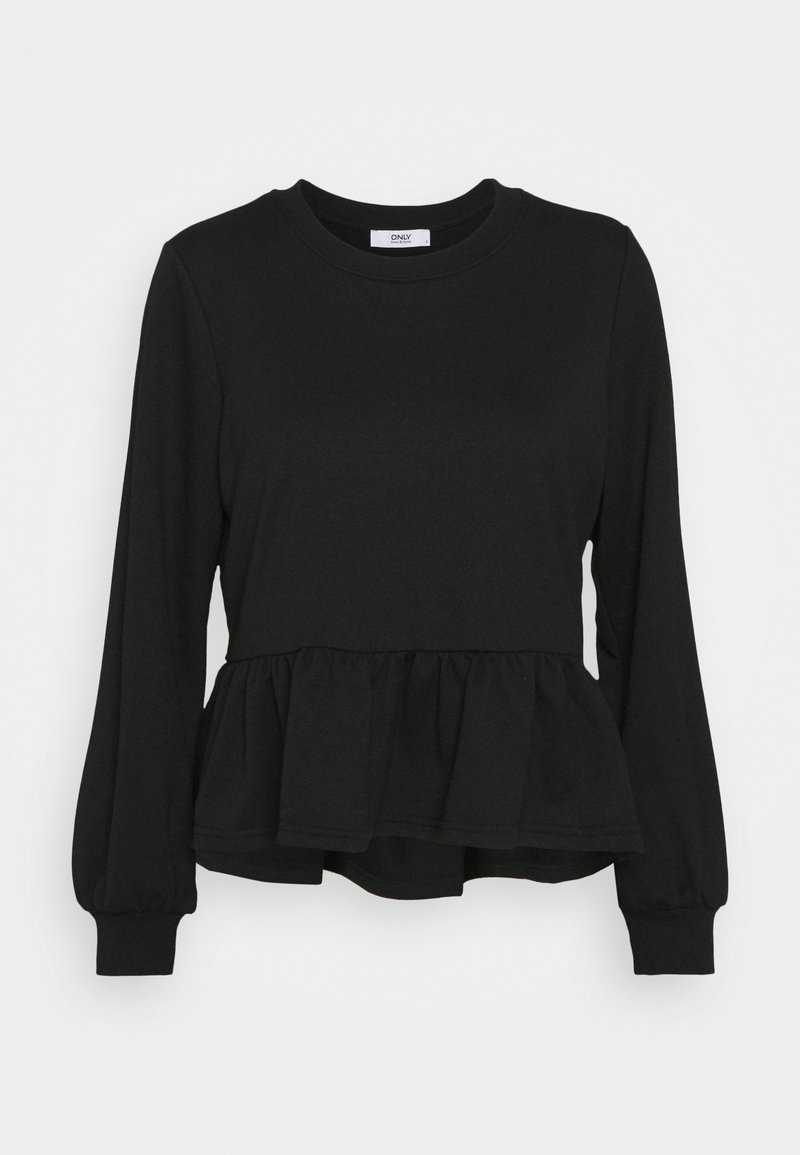 Svart långärmad topp med rund halsringning och peplum-design. Tillverkad av ett glansigt tyg med åtsittande ärmslut och en smockad design vid midjan.