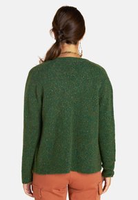 Grüner gestrickter Pullover mit lockerer Passform, Rundhalsausschnitt und langen Ärmeln. Verfügt über einen strukturierten Stoff und ein dezentes meliertes Muster.