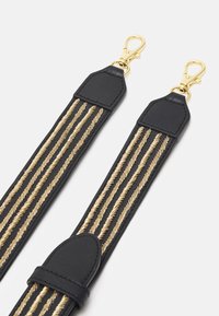 Black strap with gold rope-like pattern, featuring leather ends and gold-tone hardware clips for attachment. Smooth texture overall.