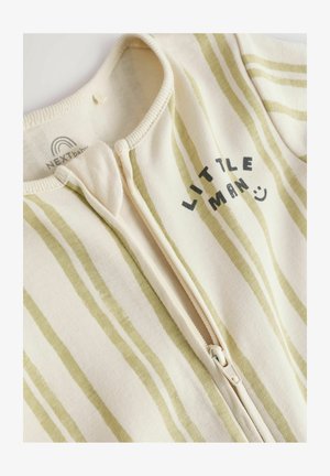 Tutina per neonati in cotone a righe crema e verde con zip frontale, caratterizzata dal testo "LITTLE MAN" in nero sopra una faccina sorridente.