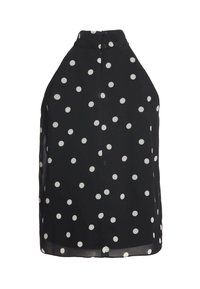Haut noir sans manches à pois blancs, col montant et fermeture par bouton dans le dos.