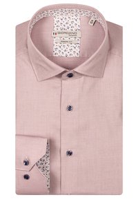 Lichtroze shirt met een gestructureerde stof, moderne pasvorm en donkerblauwe knopen. Bloemenpatroon op de kraag en binnenkant van de manchetten.
