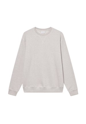 Jasnoszara bluza z okrągłym dekoltem i długimi rękawami, ze ściągaczami na końcach rękawów i u dołu oraz małym zszytym trójkątnym detalem pod linią szyi.