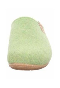 Zelená plstěná bačkora s kulatou špičkou, světle hnědou gumovou podrážkou a malým dekorativním akcentem na boku. Měkká textura a lehký design.