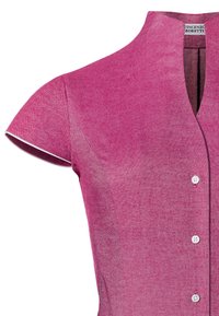 Kurzärmliges, rosa Hemd mit Knopfleiste und V-Ausschnitt. Aus strukturiertem Stoff gefertigt, mit weißen Knopfakzenten und Kontrastnähten.