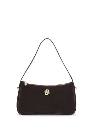 Sort skuldertaske i ruskind med en gylden lynlås og et gyldent dobbelt-B-logoemblem foran i midten.