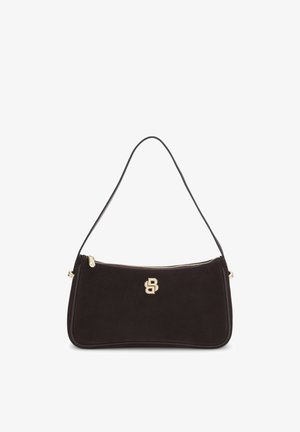 Zwarte suède schoudertas met een gouden rits en een gouden dubbel-B logo-embleem op het midden vooraan.