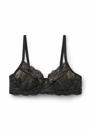 Sujetador negro de encaje con aros, patrón floral, tirantes delgados ajustables y bordes en forma de concha en las copas y la banda.