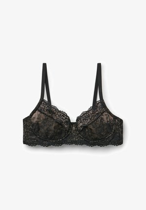 Sujetador negro de encaje con aros, patrón floral, tirantes delgados ajustables y bordes en forma de concha en las copas y la banda.