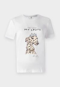White cotton t-shirt featuring a printed illustration of a spotted dog wearing a crown and necklace, with text reading "I can't change MY SPOTS."