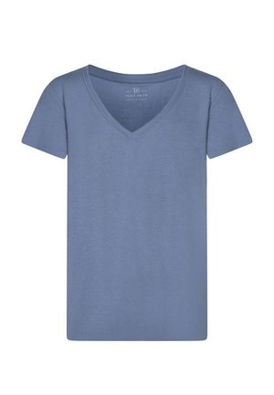 T-shirt bleu à manches courtes avec col en V, au design uni, fabriqué par Teddy Smith, présenté sur un fond blanc.