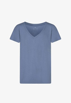 T-shirt bleu à manches courtes avec col en V, au design uni, fabriqué par Teddy Smith, présenté sur un fond blanc.