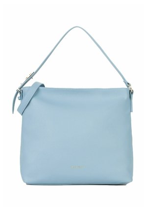 Borsa a mano in pelle Valentino azzurro chiaro con manico singolo superiore, tracolla removibile e logo del marchio in metallo color oro sul davanti.