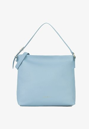 Borsa a mano in pelle Valentino azzurro chiaro con manico singolo superiore, tracolla removibile e logo del marchio in metallo color oro sul davanti.