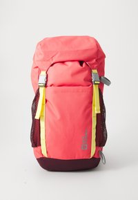 Coral backpack with a roll-top design, yellow straps, and mesh side pockets, featuring a dark base and logo detail. Water-resistant material.