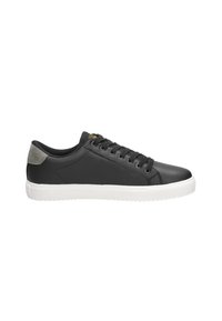 Zwarte leren sneakers met een gladde afwerking, witte rubberen zool en grijze suède hielaccent. Voorzien van vetersluiting en een ronde neuzenontwerp.