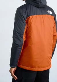 Osoba w dwu-tonowej kurtce puchowej z czarnymi rękawami i ramionami oraz pomarańczowym tyłem, z logo The North Face na górnej części pleców.