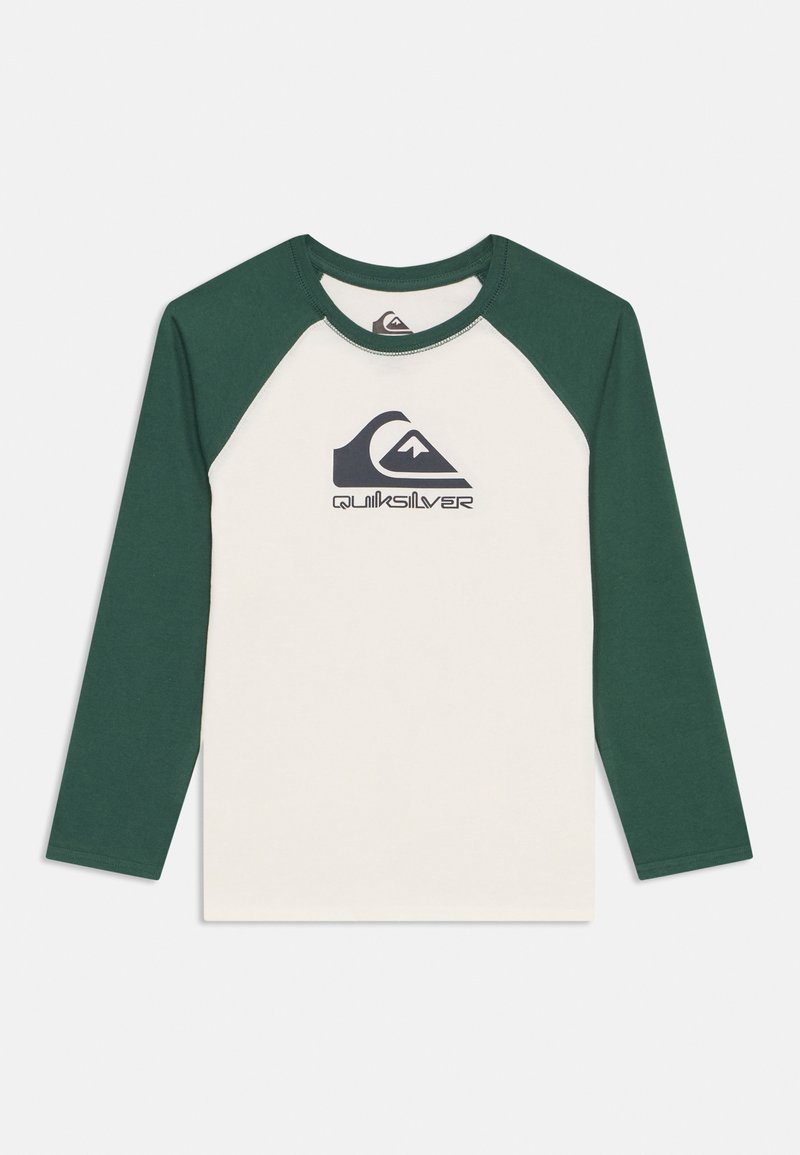 Long-sleeve T-shirt with a cream body and dark green raglan sleeves. Features a black Quiksilver logo on the front. Cotton blend material.