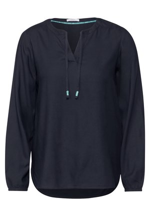 Donkerblauwe longsleeve shirt met een V-hals, verstelbaar koord en elastische manchetten. Gladde stof met een ontspannen pasvorm en een afgeronde zoom.