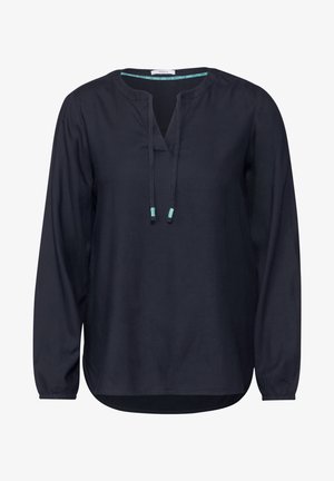 Chemise à manches longues bleu marine avec un col en V, cordon de serrage ajustable et poignets élastiques. Tissu lisse avec une coupe décontractée et un ourlet arrondi.