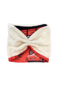 Couverture en polaire avec un design de Lightning McQueen rouge et des accents noirs. Texture pelucheuse enveloppée dans un tissu crème avec un nœud torsadé.