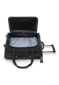 Borsa da viaggio nera con ruote e apertura con zip, dotata di un interno a motivo blu, doppie maniglie in tessuto e manico estensibile.