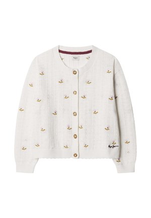 Cárdigan blanco de punto con bordado de pequeñas flores rosas y amarillas, cuello redondo, seis botones marrones en la parte delantera y logo cerca del dobladillo.