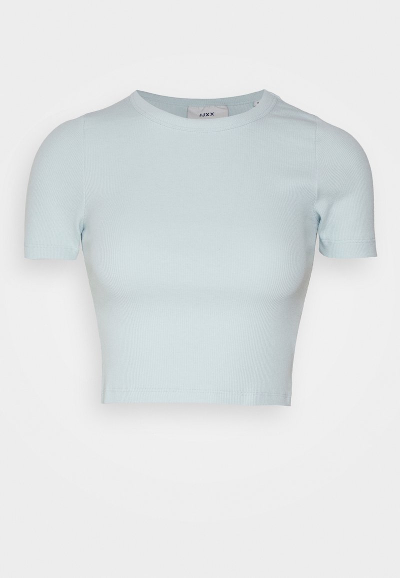 Light blue, ribbed, short-sleeve crop top with a round neckline. Fabric is smooth and fitted, featuring a clean, simple design.