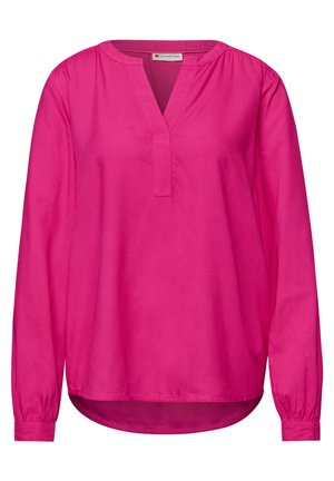 Helles pinkes Langarmbluse mit V-förmigem Schlitz am Ausschnitt, rundem Kragen, gerafften Bündchen und leicht abgerundetem Saum.