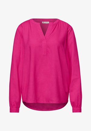 Helles pinkes Langarmbluse mit V-förmigem Schlitz am Ausschnitt, rundem Kragen, gerafften Bündchen und leicht abgerundetem Saum.