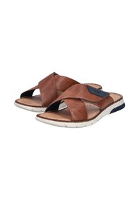 Braune Leder-Slidesandalen mit überkreuzten Riemen, strukturierten Akzenten, offenen Zehen und einer weißen Gummi-Sohle für besseren Halt.