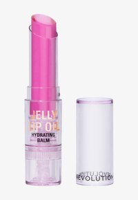 Rosa gelé läppolja i en transparent tub med en vridmekanism och genomskinligt lock. Texten lyder "Jelly Lip Oil Hydrating Balm."