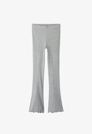 Grå bomullsleggings med utsvingt passform, glatt tekstur og bølget kant, med en tettsittende design som smalner inn ved midjen og flares nederst.