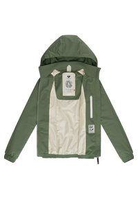 Lekka kurtka w oliwkowej zieleni z kapturem. Wnętrze wykończone w kremowym kolorze, z zamykana kieszenią i metką marki. Elastyczne mankiety i dół.