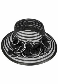 Schwarz-weiß gestreifter Hut mit breiter Krempe, der auf einer Seite eine geraffte schwarze Stoffakzentuierung und ein spiralförmiges Design an der Oberseite hat.