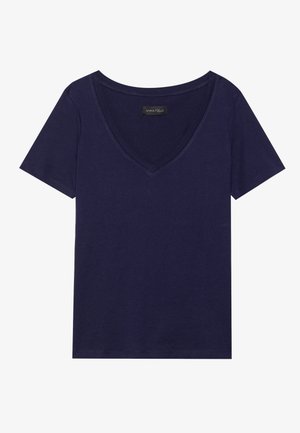 T-shirt bleu marine en V fabriqué en tissu doux, avec des manches courtes et une coupe décontractée. L'étiquette sur le col indique "ANNA FIELD."