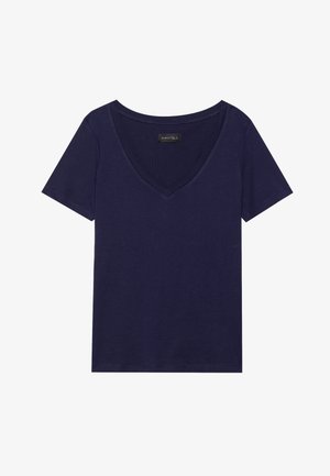 Navy blue V-neck t-shirt made of soft fabric, featuring short sleeves and a relaxed fit. Label on the neckline reads "ANNA FIELD."
